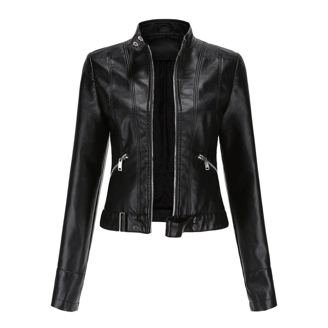 Victoria | Damen Kurze Kunstlederjacke mit Stehkragen Moto Biker