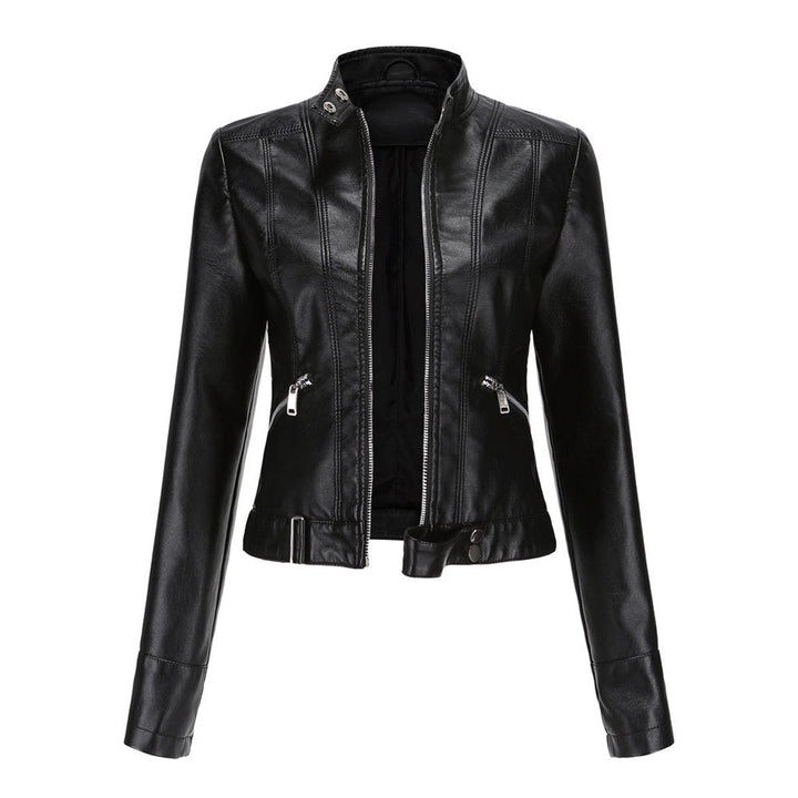 Victoria | Damen Kurze Kunstlederjacke mit Stehkragen Moto Biker