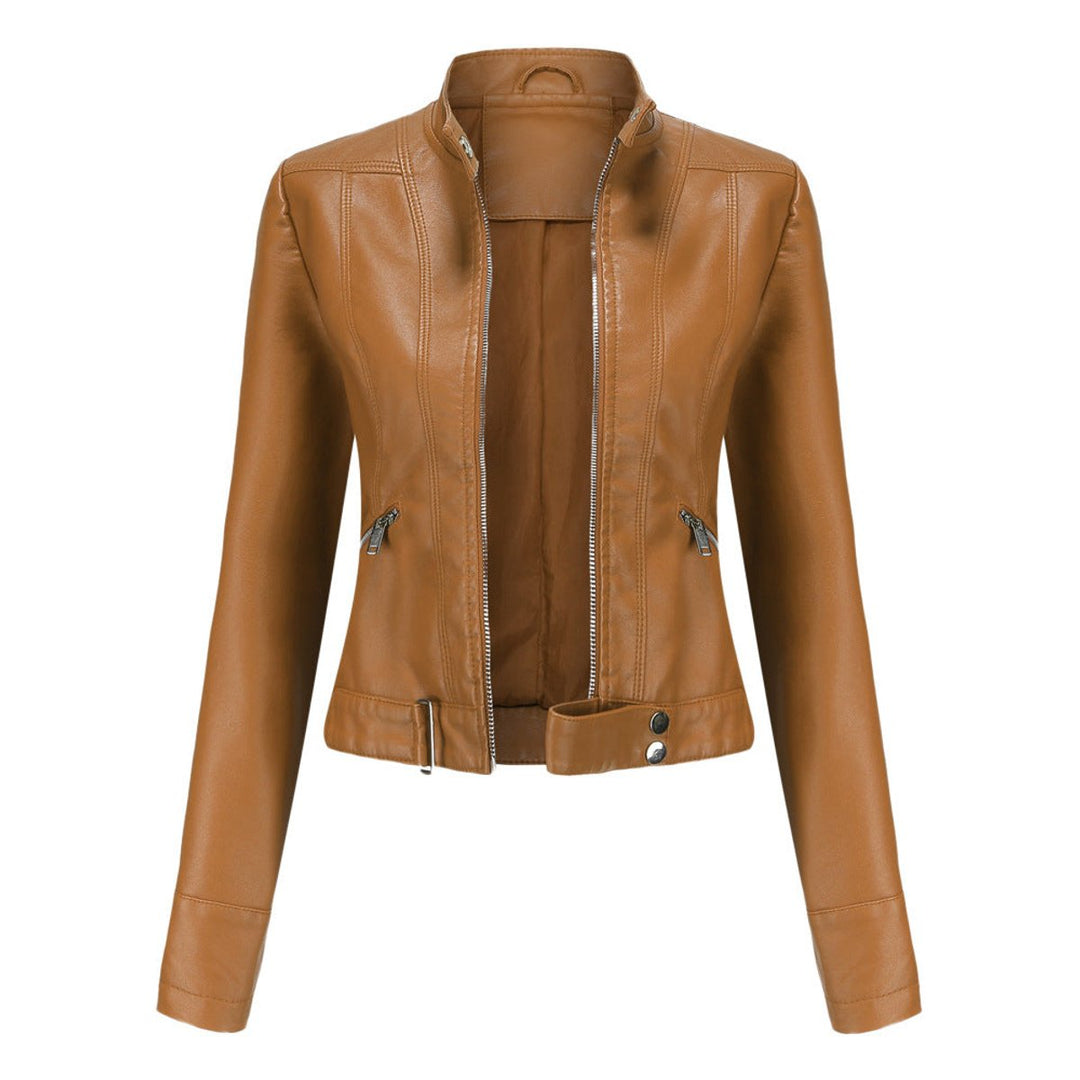 Victoria | Damen Kurze Kunstlederjacke mit Stehkragen Moto Biker
