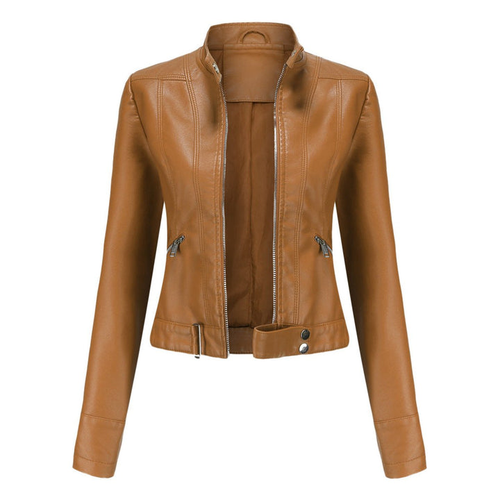 Victoria | Damen Kurze Kunstlederjacke mit Stehkragen Moto Biker