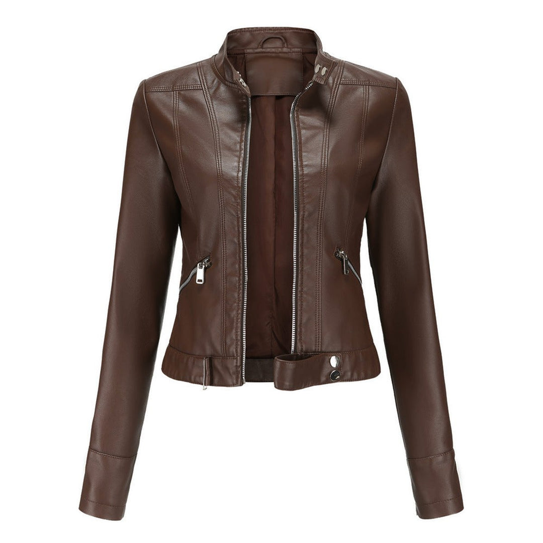 Victoria | Damen Kurze Kunstlederjacke mit Stehkragen Moto Biker