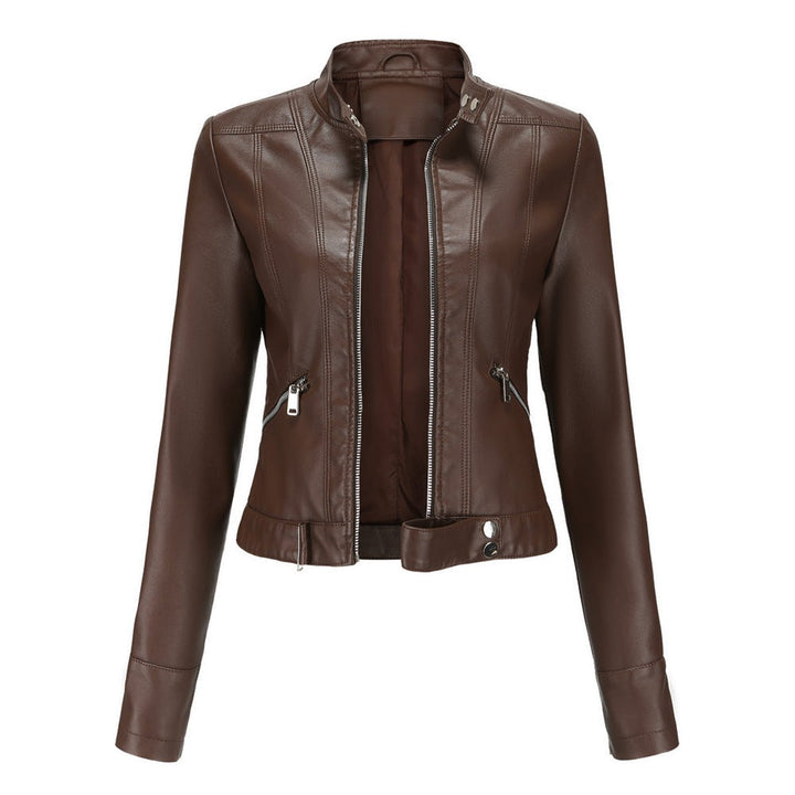 Victoria | Damen Kurze Kunstlederjacke mit Stehkragen Moto Biker