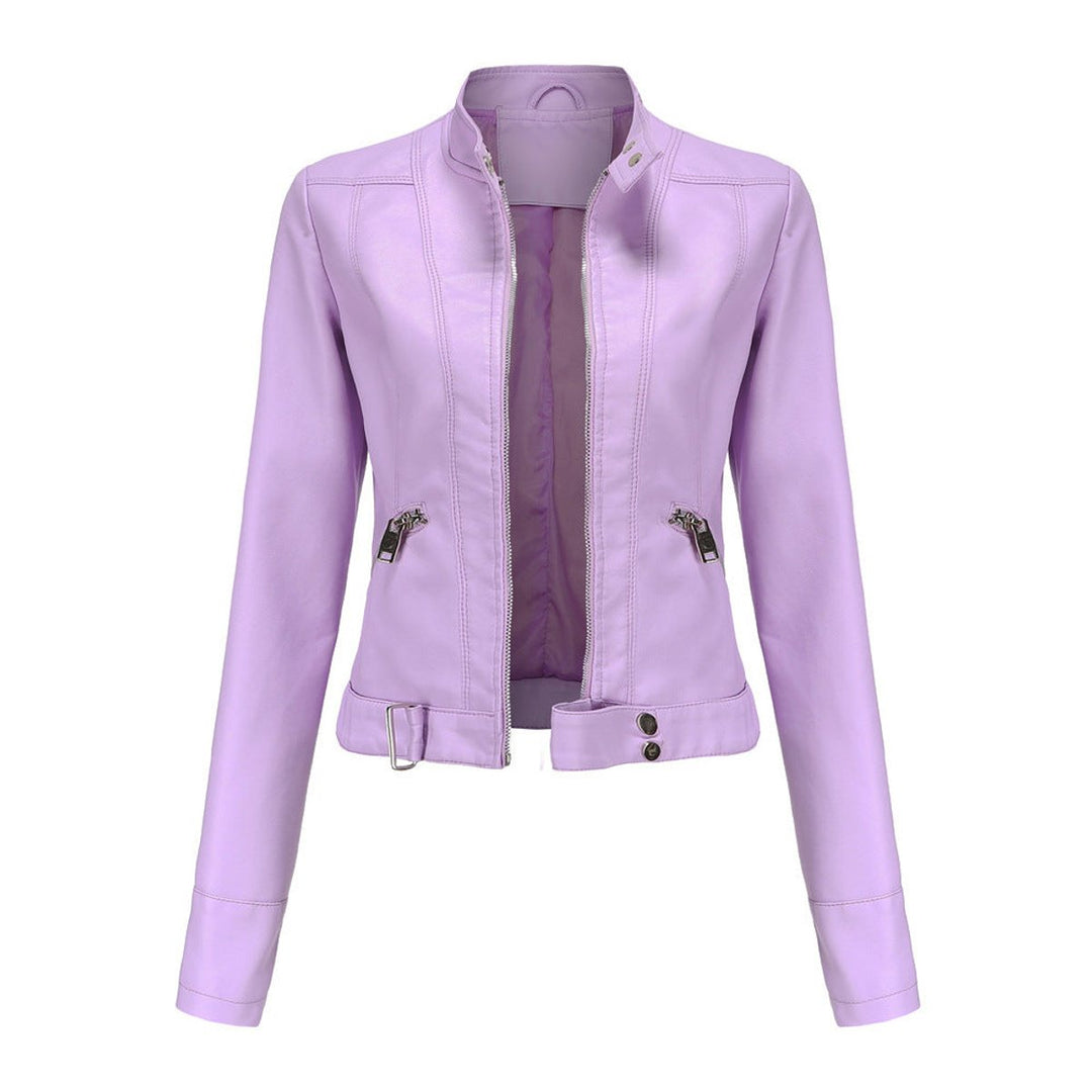 Victoria | Damen Kurze Kunstlederjacke mit Stehkragen Moto Biker