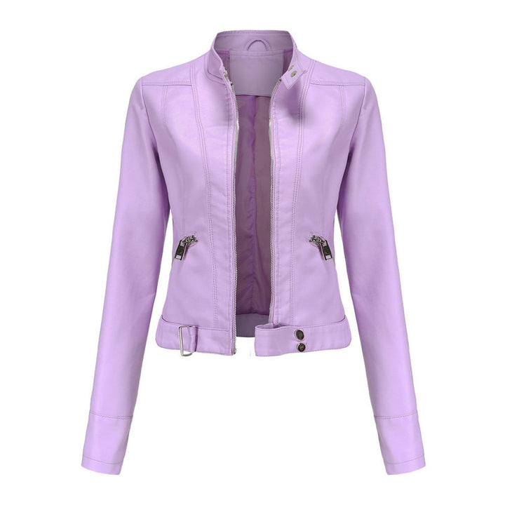 Victoria | Damen Kurze Kunstlederjacke mit Stehkragen Moto Biker