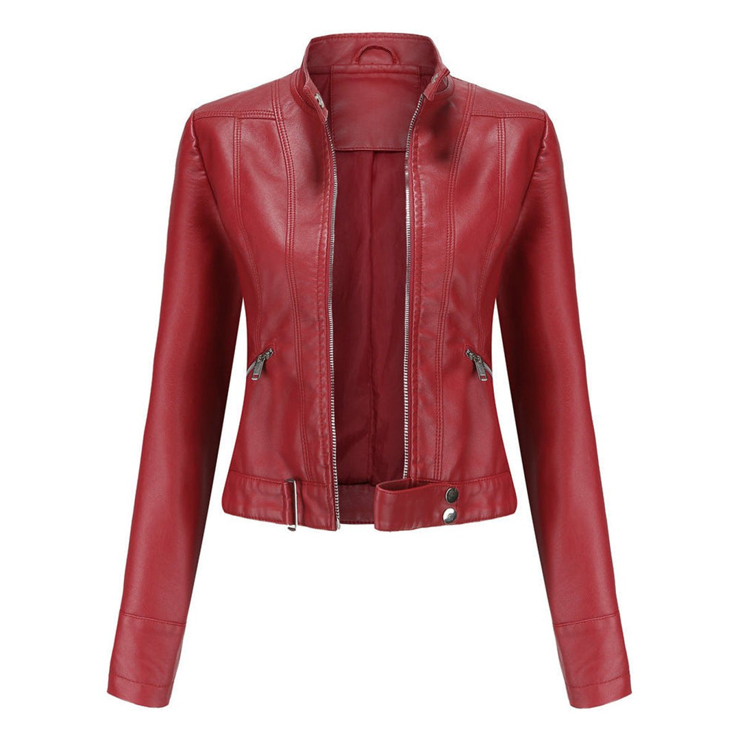 Victoria | Damen Kurze Kunstlederjacke mit Stehkragen Moto Biker