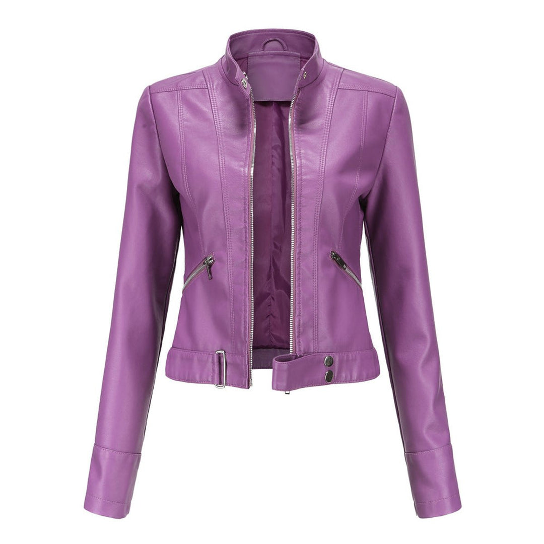 Victoria | Damen Kurze Kunstlederjacke mit Stehkragen Moto Biker