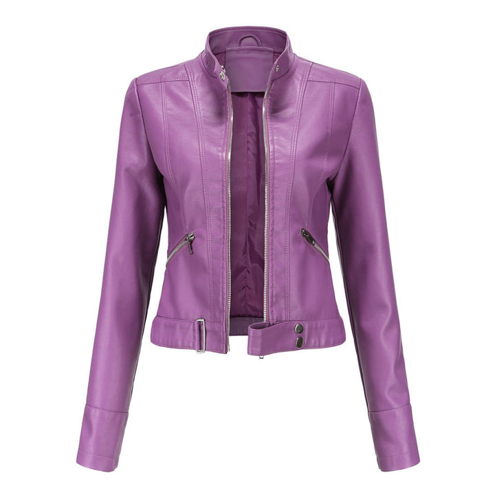 Victoria | Damen Kurze Kunstlederjacke mit Stehkragen Moto Biker