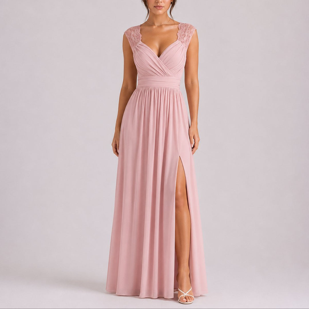 Maxikleid mit überkreuztem V-Ausschnitt und Spitzenärmeln für Damen