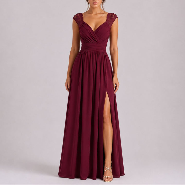 Maxikleid mit überkreuztem V-Ausschnitt und Spitzenärmeln für Damen