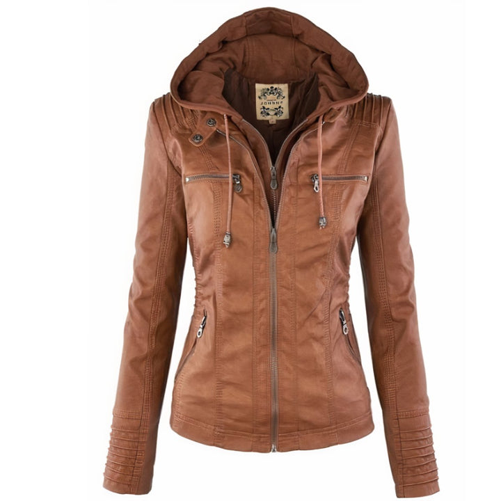 Amelia | Damen Kapuzen-Moto Kunstlederjacke mit abnehmbarer Kapuze