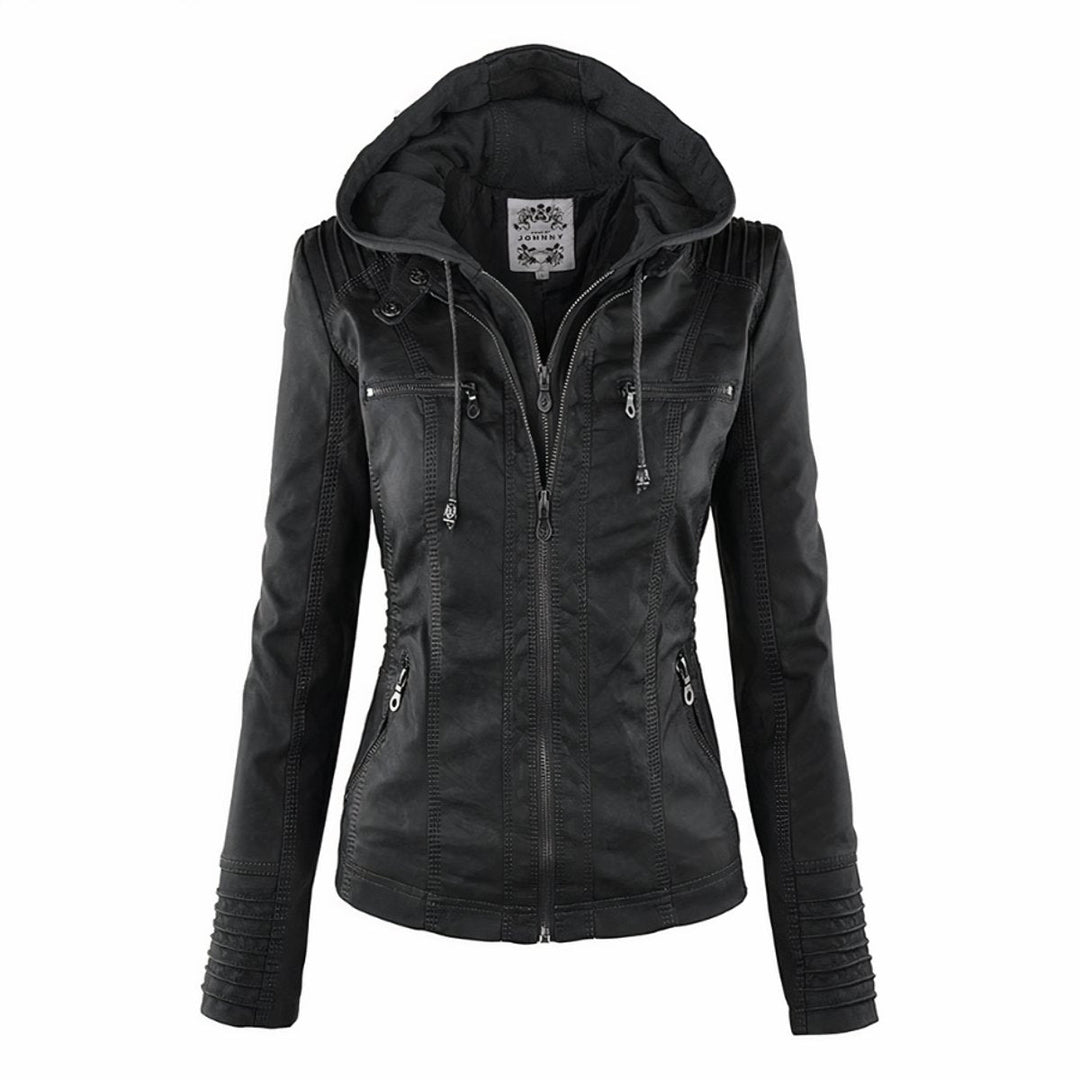 Amelia | Damen Kapuzen-Moto Kunstlederjacke mit abnehmbarer Kapuze