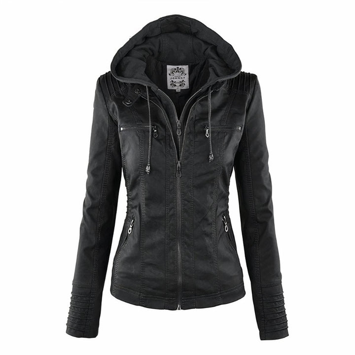 Amelia | Damen Kapuzen-Moto Kunstlederjacke mit abnehmbarer Kapuze