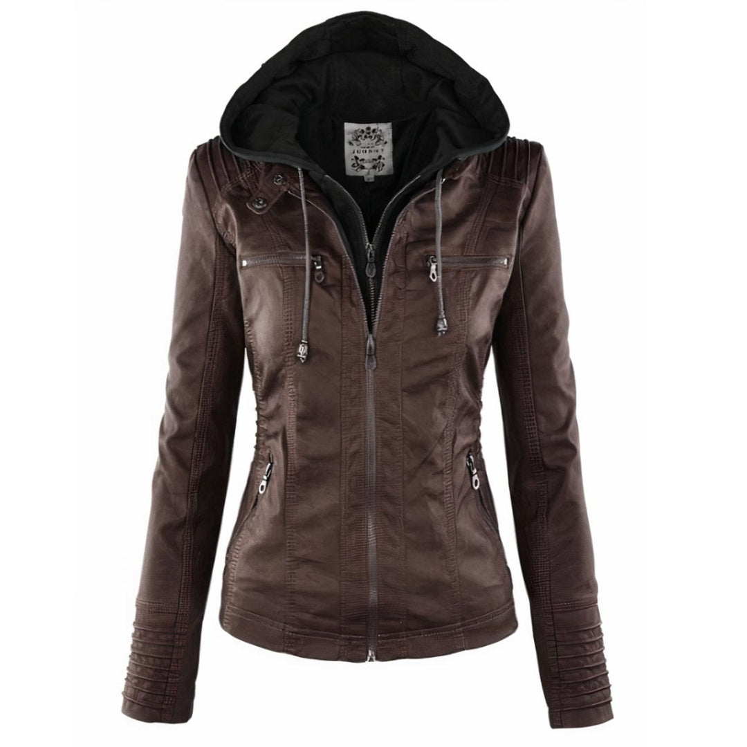 Amelia | Damen Kapuzen-Moto Kunstlederjacke mit abnehmbarer Kapuze