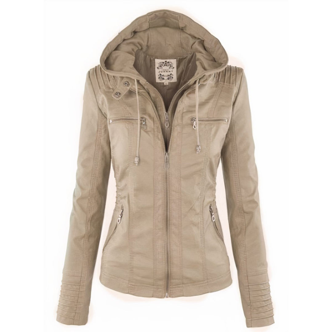 Amelia | Damen Kapuzen-Moto Kunstlederjacke mit abnehmbarer Kapuze