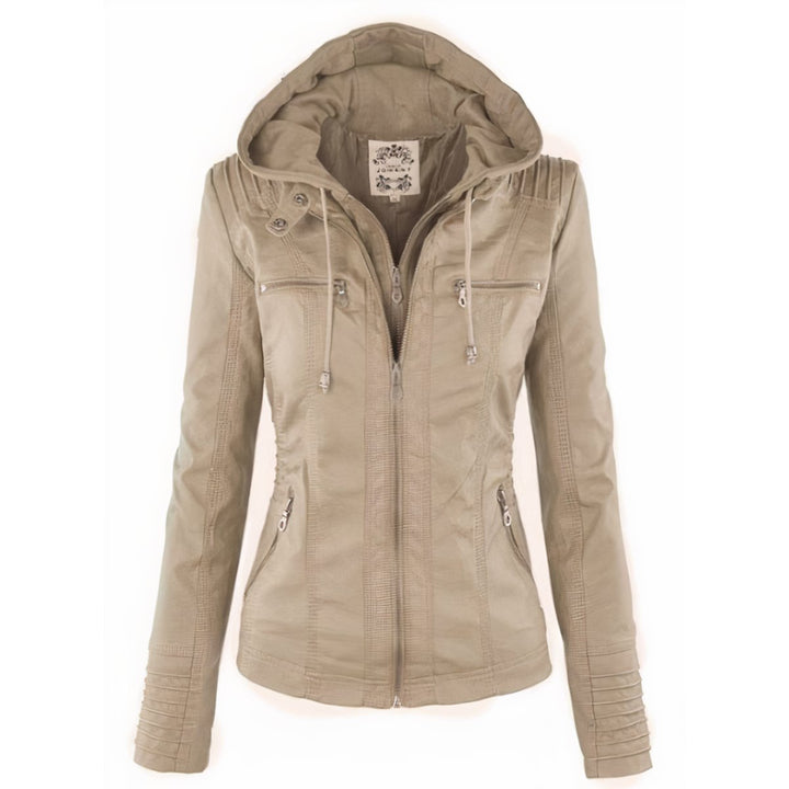 Amelia | Damen Kapuzen-Moto Kunstlederjacke mit abnehmbarer Kapuze