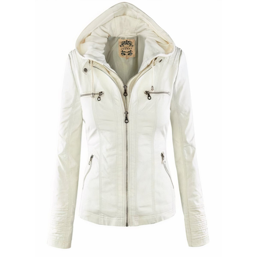 Amelia | Damen Kapuzen-Moto Kunstlederjacke mit abnehmbarer Kapuze