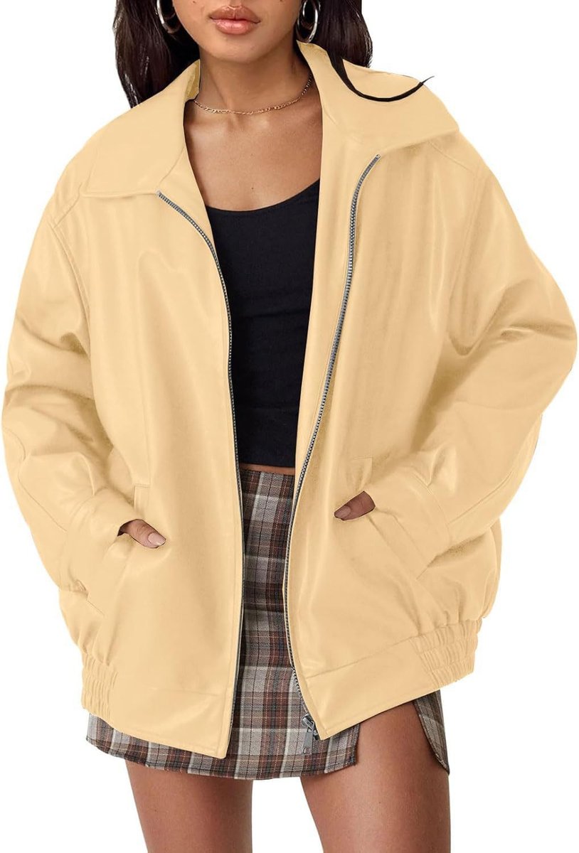 Madison | Damen Oversized Kunstleder Bomberjacke mit Reißverschluss