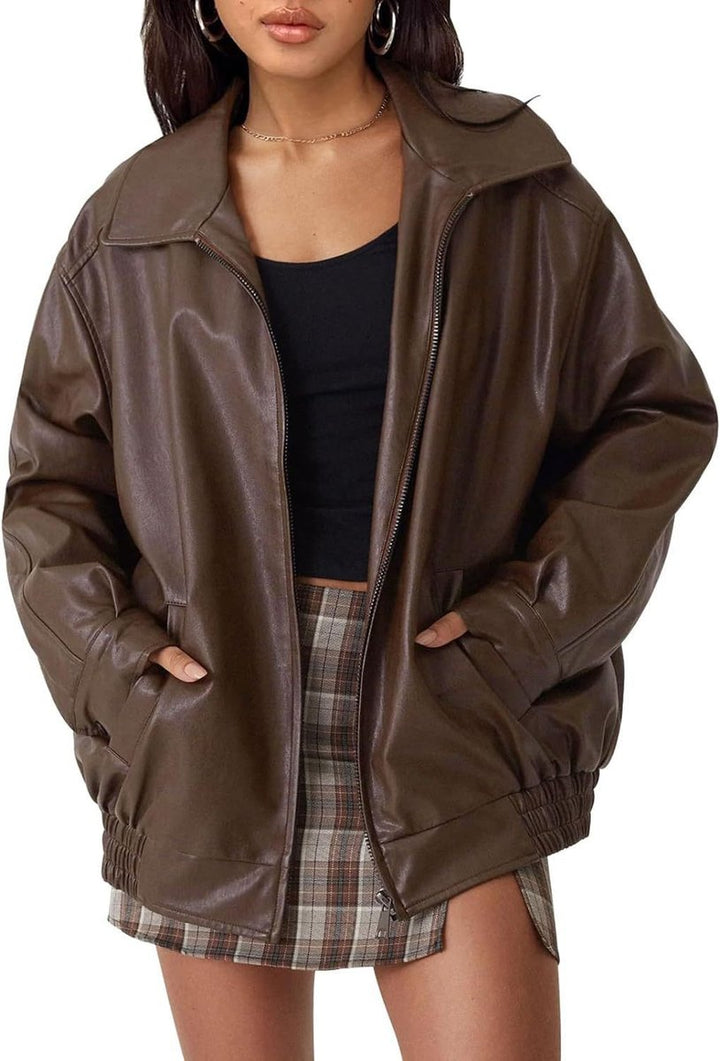 Madison | Damen Oversized Kunstleder Bomberjacke mit Reißverschluss