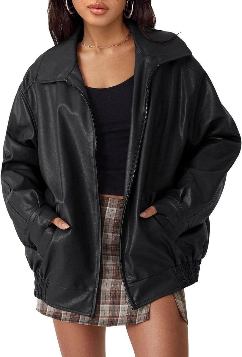 Madison | Damen Oversized Kunstleder Bomberjacke mit Reißverschluss